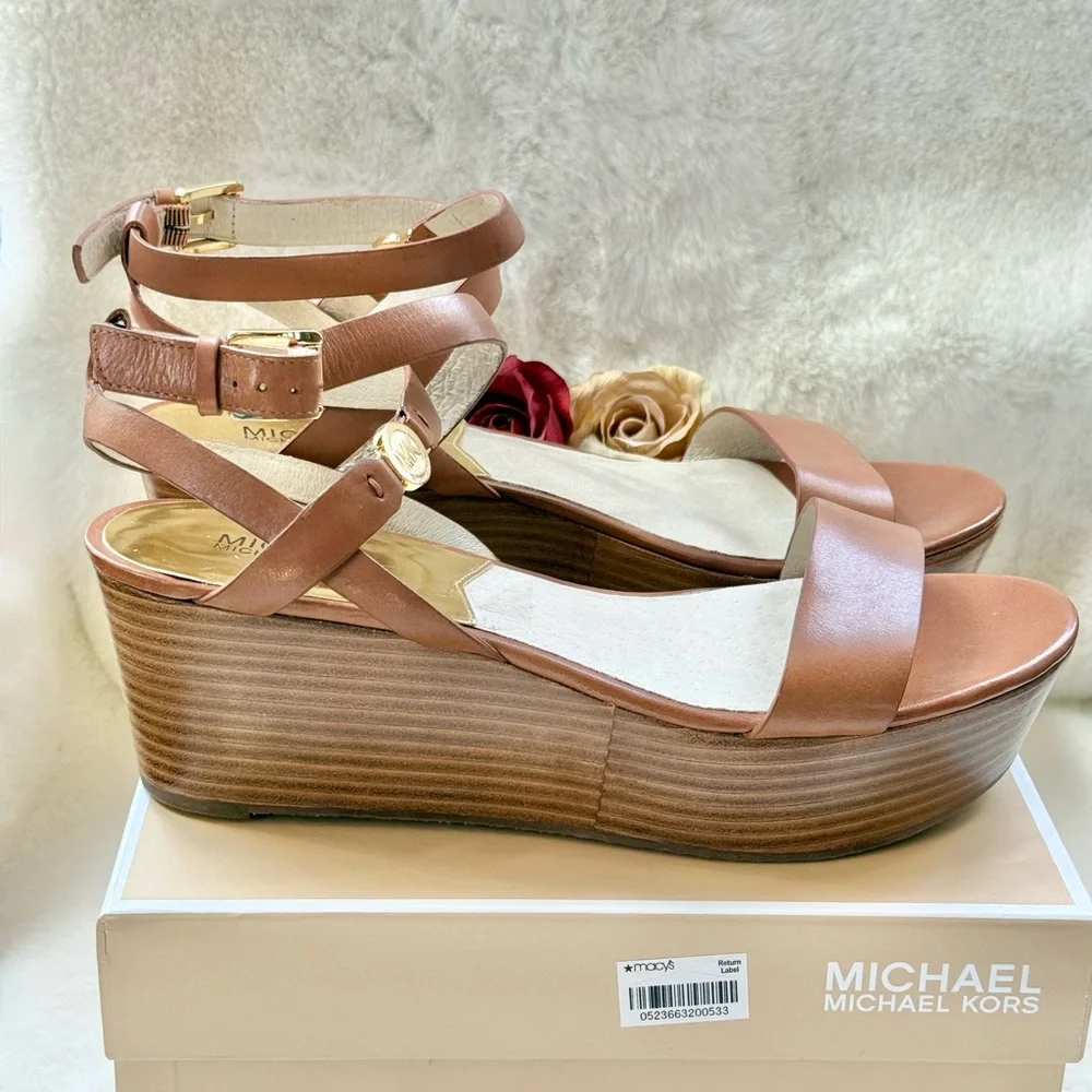 New with tags MICHAEL KORS JALITA CHARM platform SANDAL color, “Luggage”Leather - Picture 14 of 16